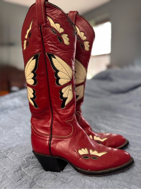 Tony Lama Shoes - Vintage Tony Lama **BLACK LABEL** Red Leather Butterfly Inlay Cowboy Boots
